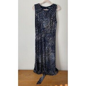 Ralph Lauren Dress Womens Size 14 Blue White Abstract Striped Midi Office Belt